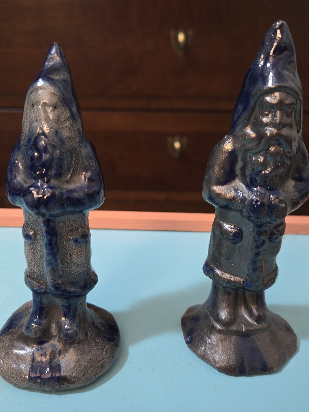 Set of 2 Blue/Gray Glazed Glossy Ceramic Gnome Figurines -Beaumont Pottery